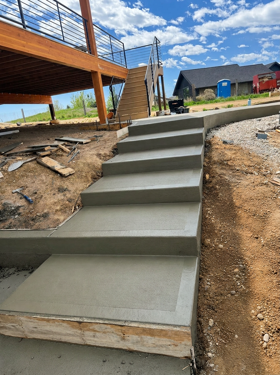 Custom poured concrete stairs leading to elevated deck